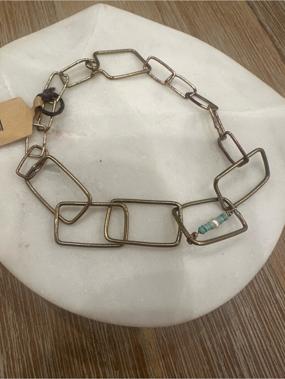 Artisan Handcrafted Brass Rectangular Link Chain Bracelet with Turquoise